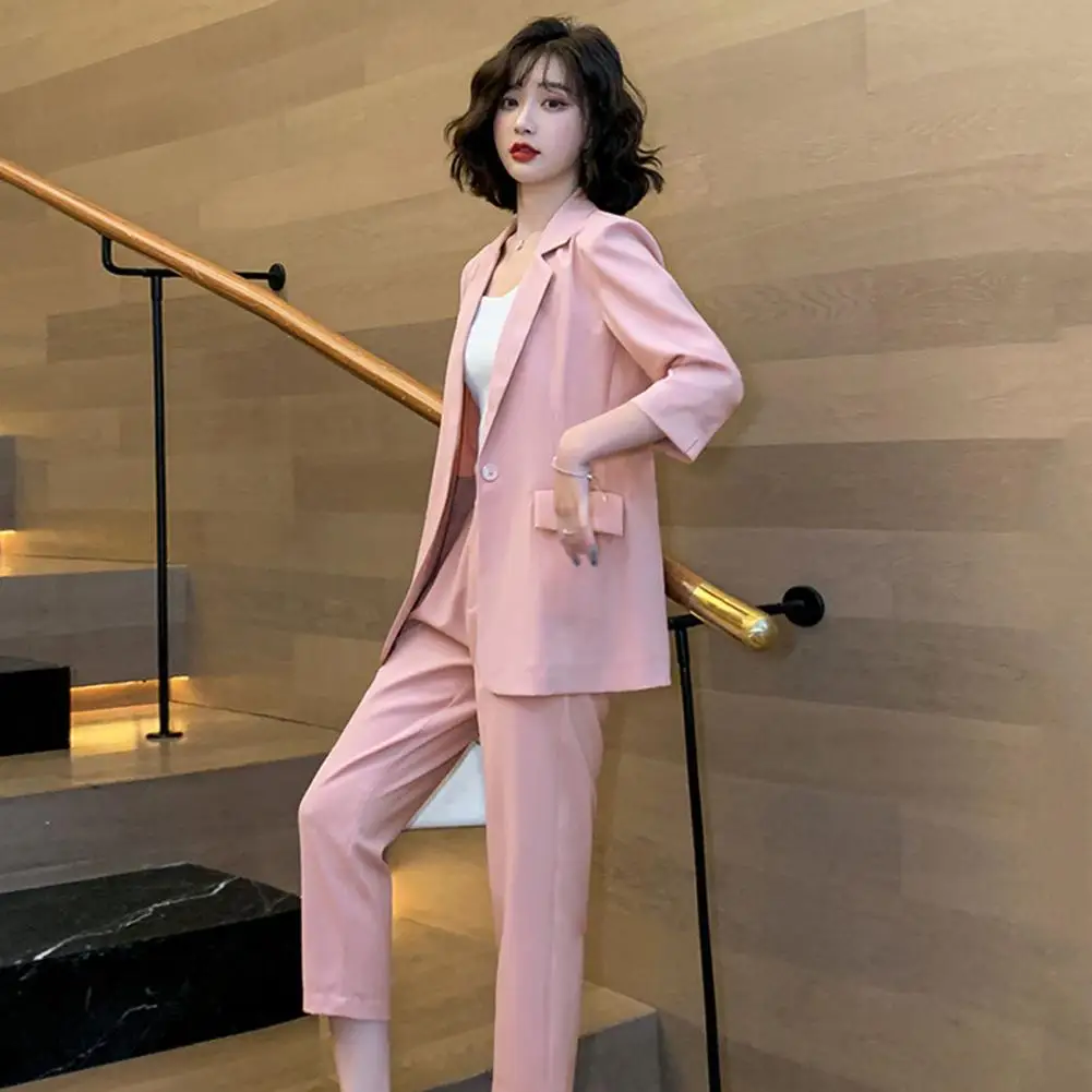 1 Set Women Blazer Pants Set 3/4 Sleeves Solid Color Lady Top Trousers 2 Piece Set Blazer Office Suit