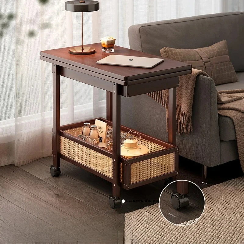 عربة طاولة جانبية قابلة للطي من الخشب الصلب مع عجلات، عربة شاي قهوة عتيقة موفرة للمساحة للشرفة الصغيرة وغرفة المعيشة #3