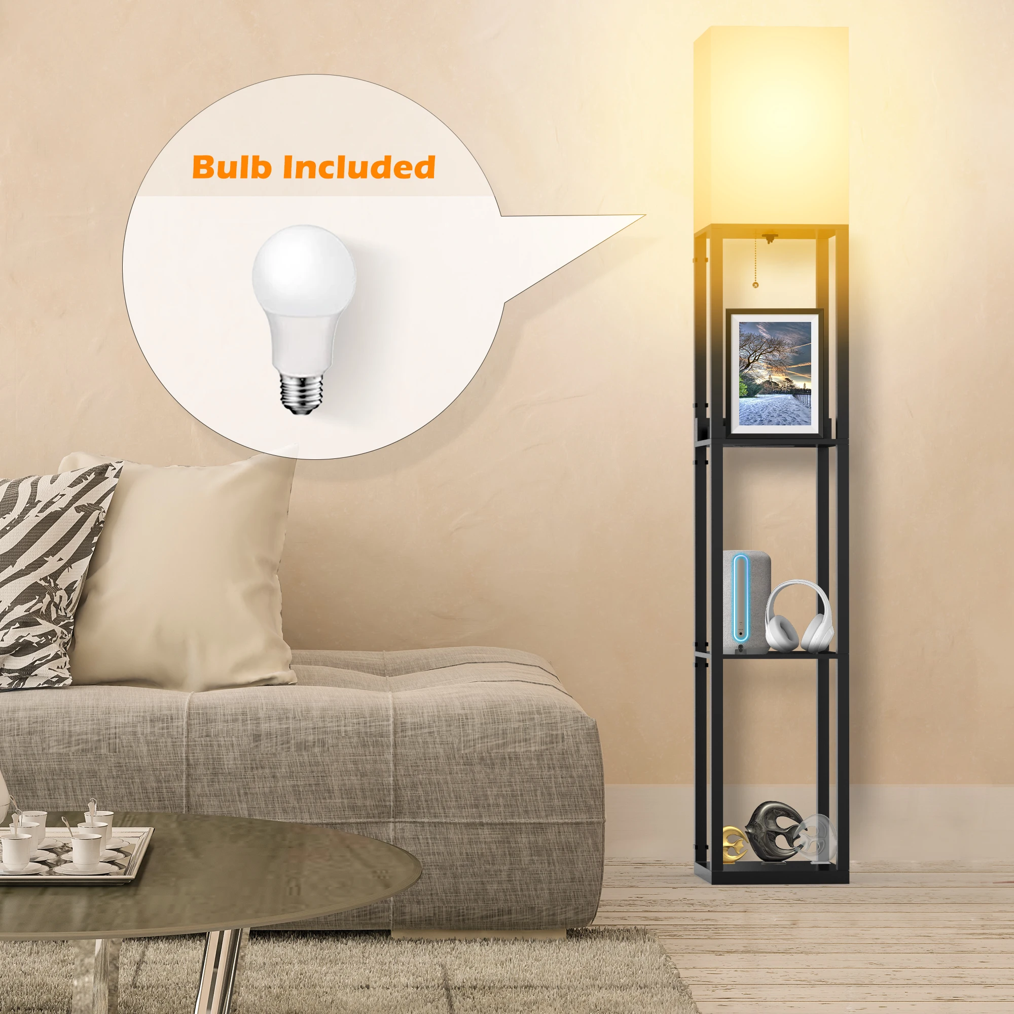 With Shelves, Solid Wood, Usb Ports And Bulb Included