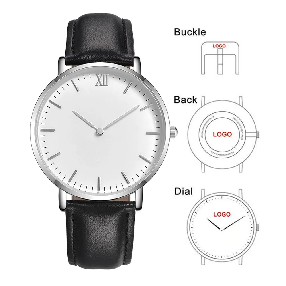 

Men Thin 40mm Classic 2 hands Silver Case Black Genuine Leather Strap Japan Movement Make Logo Private Label OEM Quartz Watches