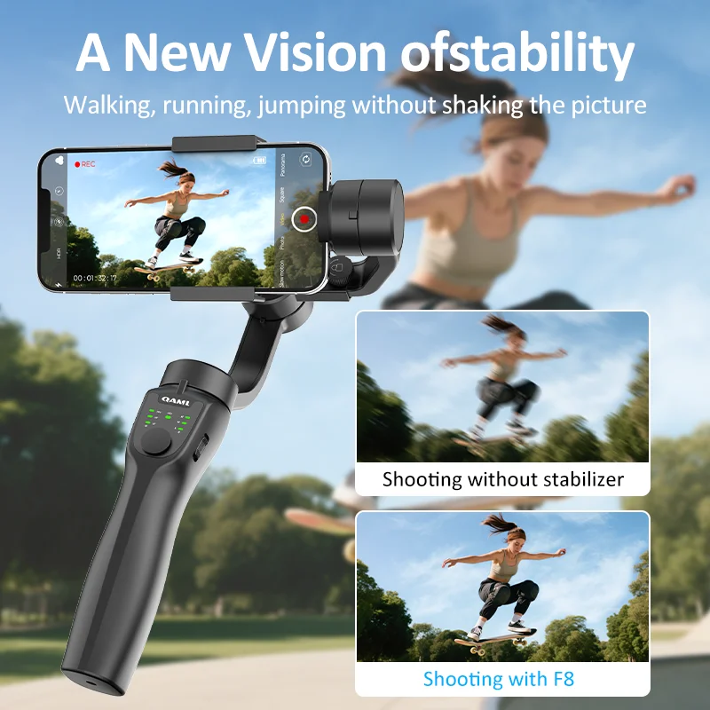 QAML F8 2025 3-axis gimbal, anti-shake, wireless, USB rechargeable, iPhone/Xiaomi/action cam compatible, sleek black.