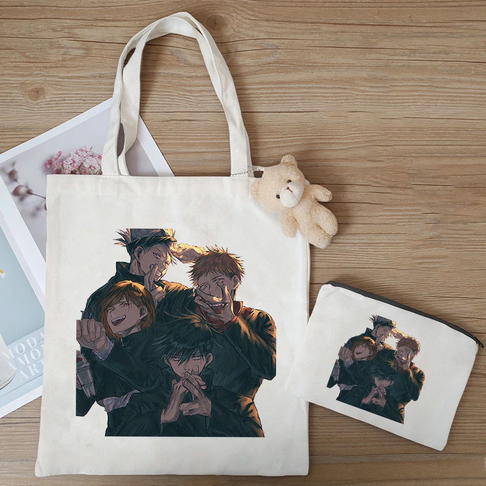 En stock 3 piezas: Bolsa de lona Jujutsu Kaisen con estampado de Fushiguro Toji y Fushiguro Megumi, bolso de mano con figura de anime de Gojo Satoru.
