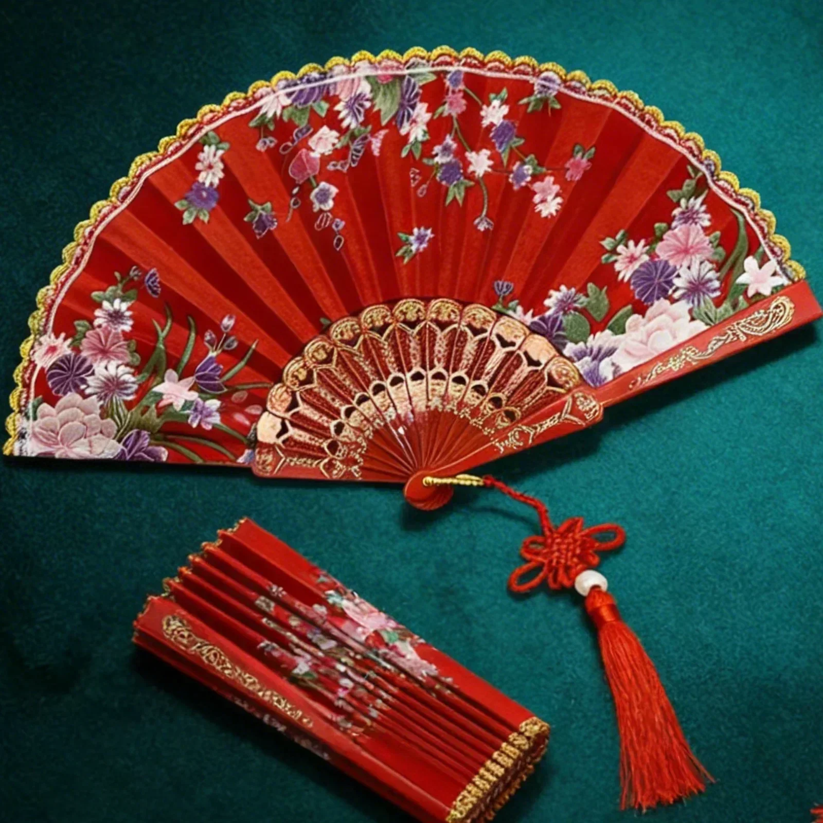 1Pc Red Floral Folding Hand Fan Ancient Style Chinese Fan With Tassel For Women Wedding Dance & Spring Summer Daily Decoration