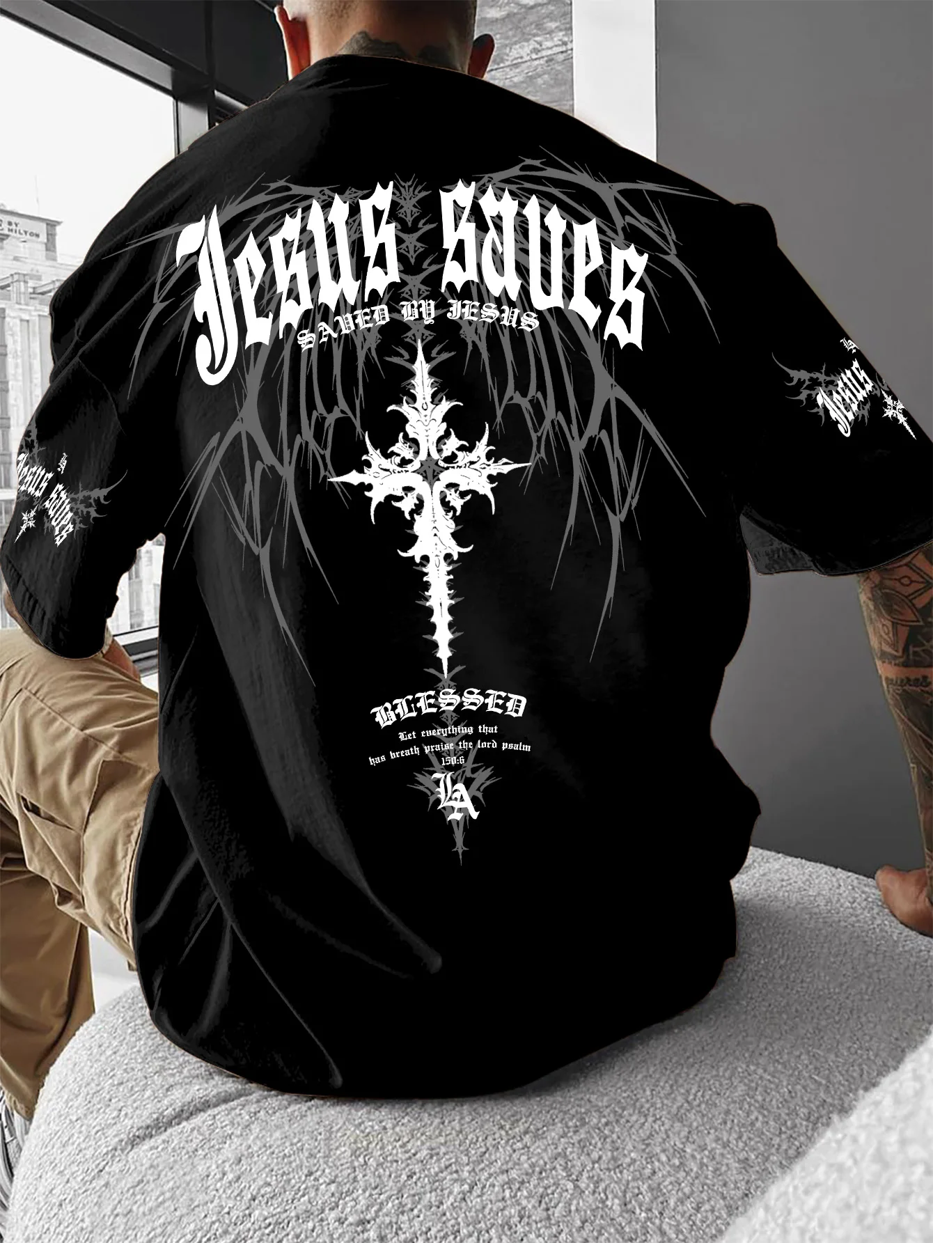 Men's Jesus Saves Cross Print T-Shirt Gothic Casual Streetwear Oversized O-Neck Short Sleeve Graphic Tee Tops  S-XXL