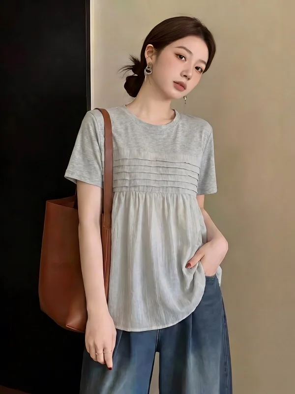 Gray Mesh Shoulder Wrap Short Sleeve T-Shirt Women's Summer New Style plus Size Fat MM Belly Cover Fashionable Youthful Top