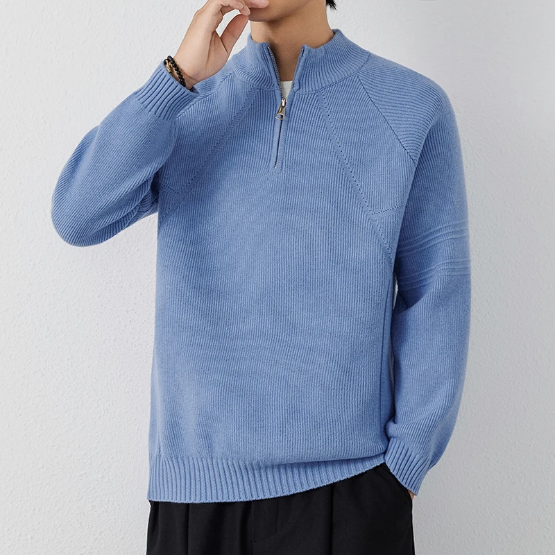 

Мужской повседневный вязаный свитер с высоким воротником на молнии, однотонный, универсальный, для осени и зимы, базовый слой, трикотаж