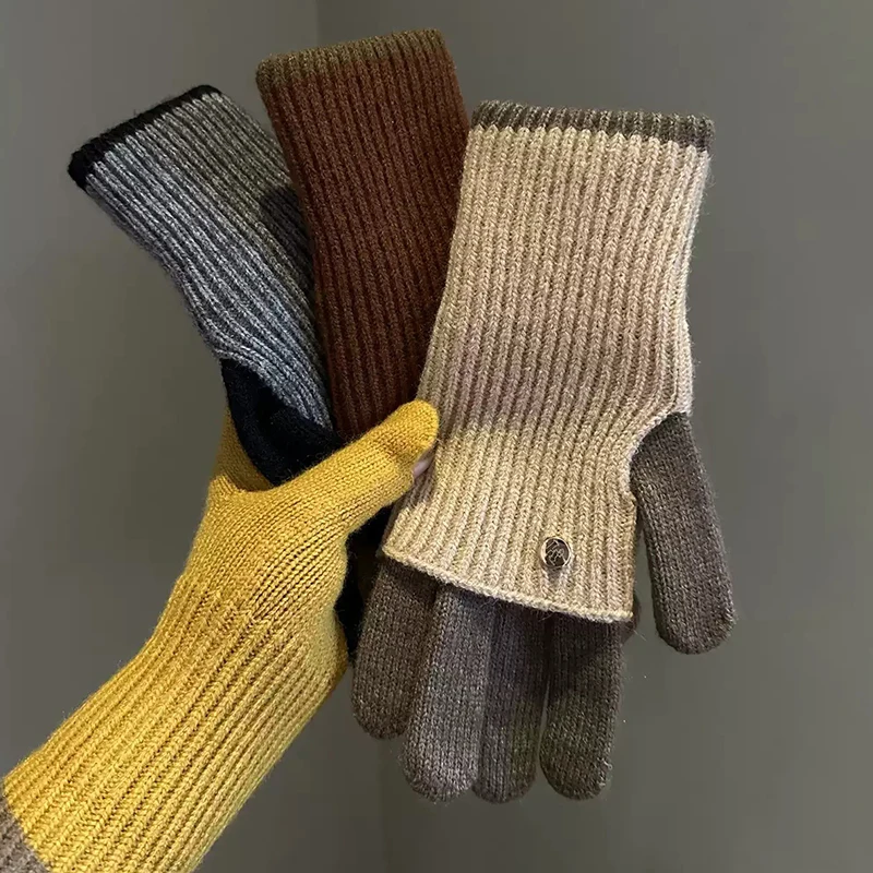 Winter Women's Exposed Finger Touch Screen Warm Long Short Dual-Use Cycling Student Color Blocked Knitted Yarn Gloves
