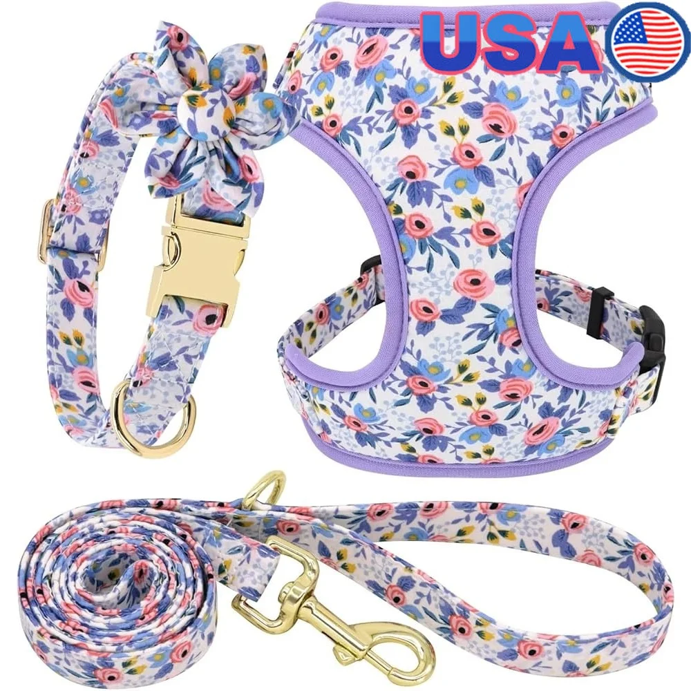 

Cute Dog Harness Leash Collar Set Adjustable Floral Soft Mesh Pet Vest Puppies Girls Wedding Party Outdoor Activities