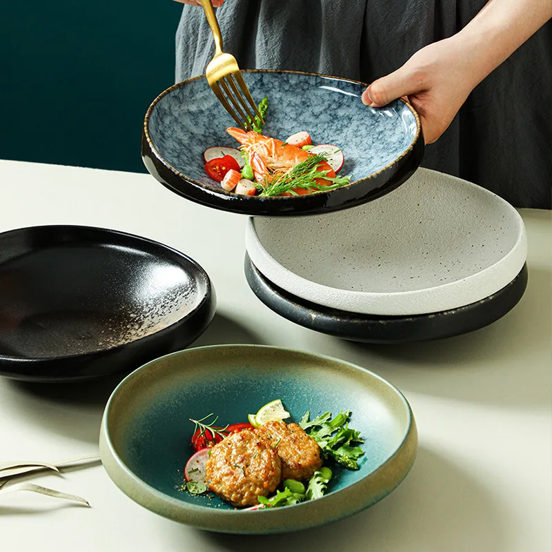 8-Inch thick-edged round bowl, high-value cross-border plate, exquisite cooking, tableware, underglaze color craft vegetable