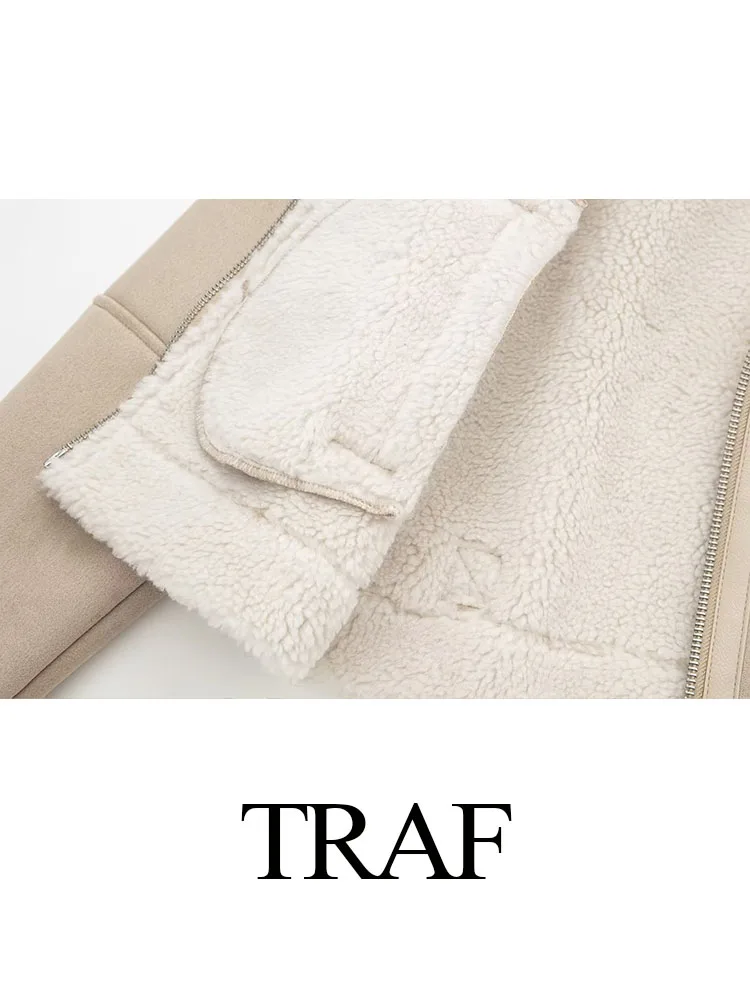 TRAF 2023 nuevas chaquetas elegantes de invierno a la moda para mujer, chaquetas cálidas de Color sólido con cuello vuelto y bolsillos de manga