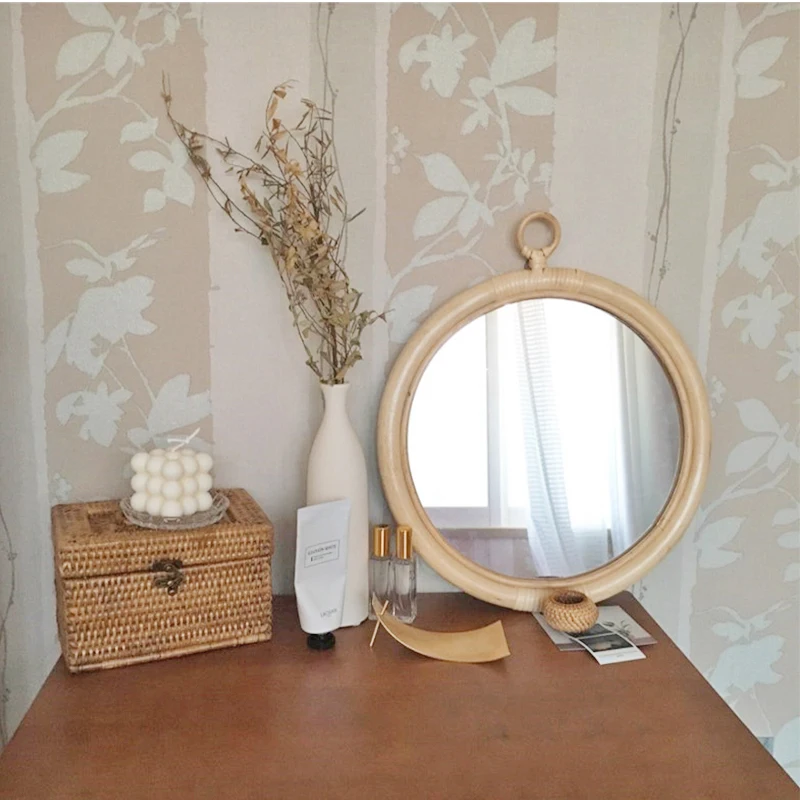 

‌Boho Rattan Wall Mirror Handwoven Bamboo Entryway Decor Circular Vanity Accent Mirror Chic Round Wall Decor Piece