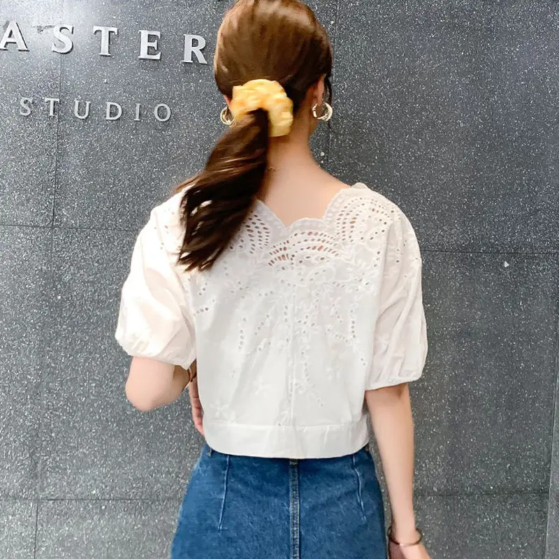 Women\'s Clothing Commute Single-breasted Shirt Solid Color All-match Elegant V-Neck Stylish Hollow Out Summer Loose Blouse 2023