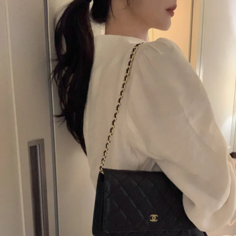 2026 Women French Retro Solid Color Crew Neck Puff Sleeve Blouse Elegant Minimalist Versatile Long Sleeve Shirt Chic Trendy