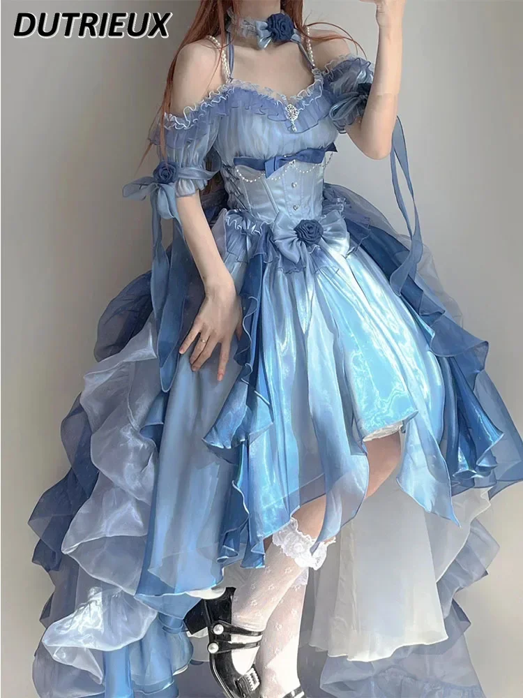 Blue Lolita Dress Heavy Industry Trailing Umbrella Princess Dress for Women Off-the-Shoulder Sweet Bow Irregular Dress