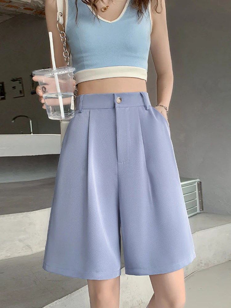 Black Suit Shorts Loose Elastic Waist Slim Thin Women\'s Summer Shorts Casual High Waist Solid Straight Wide Leg Ice Silk Pants