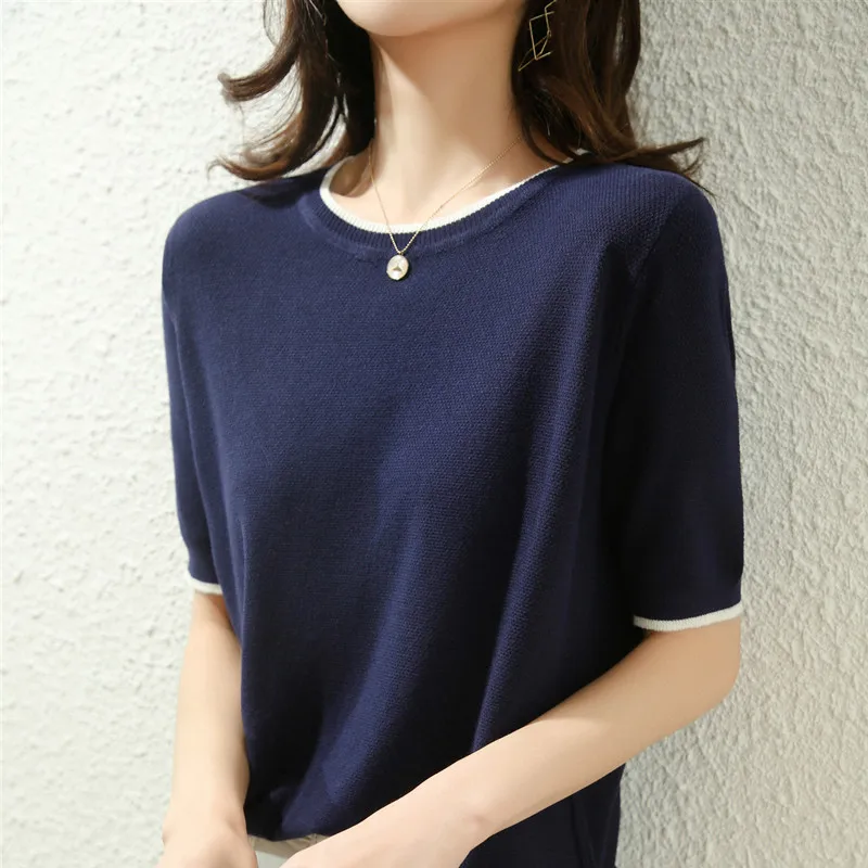 Temperament  wind ice silk knit short sleeve women thin osmanthus needle pure cotton line T shirt summer bottom jacket