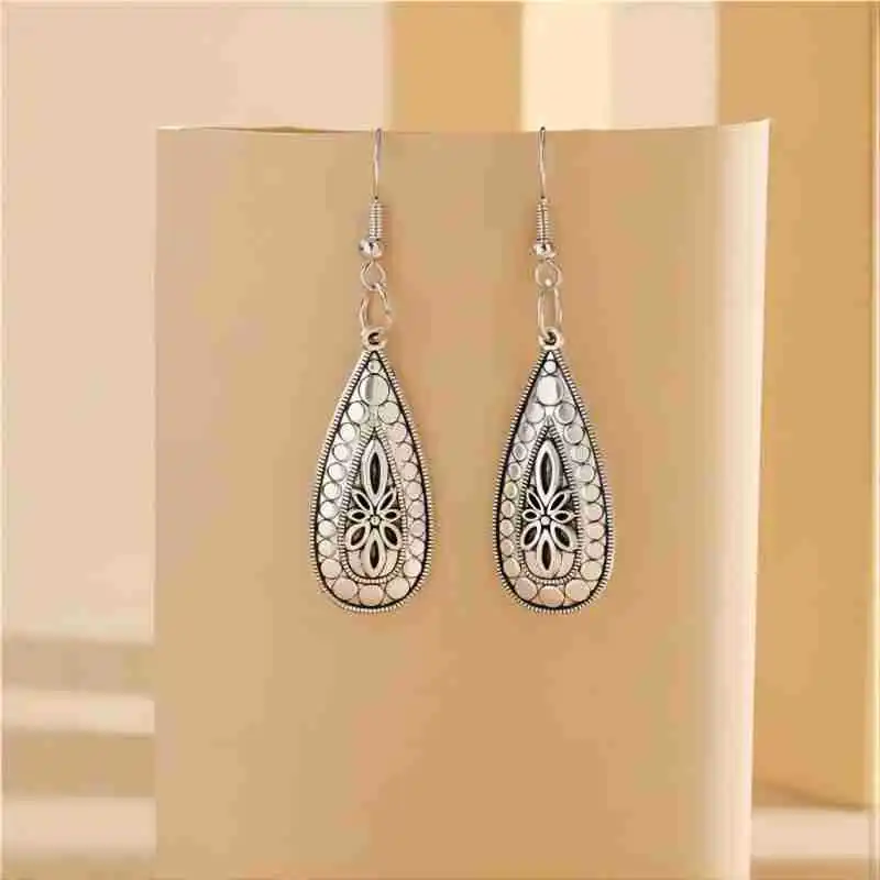 DIY accessories Chinese retro style simple carved water drop-shaped alloy earrings necklace, cross-border simple temperament jew