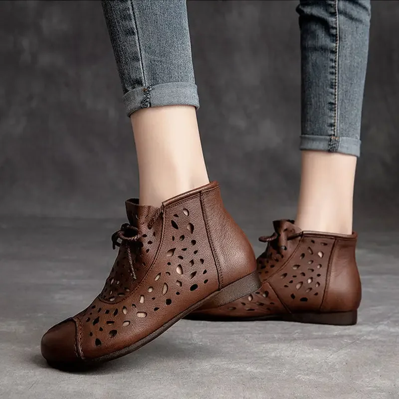 Hollow-Out Leather Boots Summer Breathable Women Sandals Retro High Top Lace Up Womens Designer Boots Black Botas De Mujer
