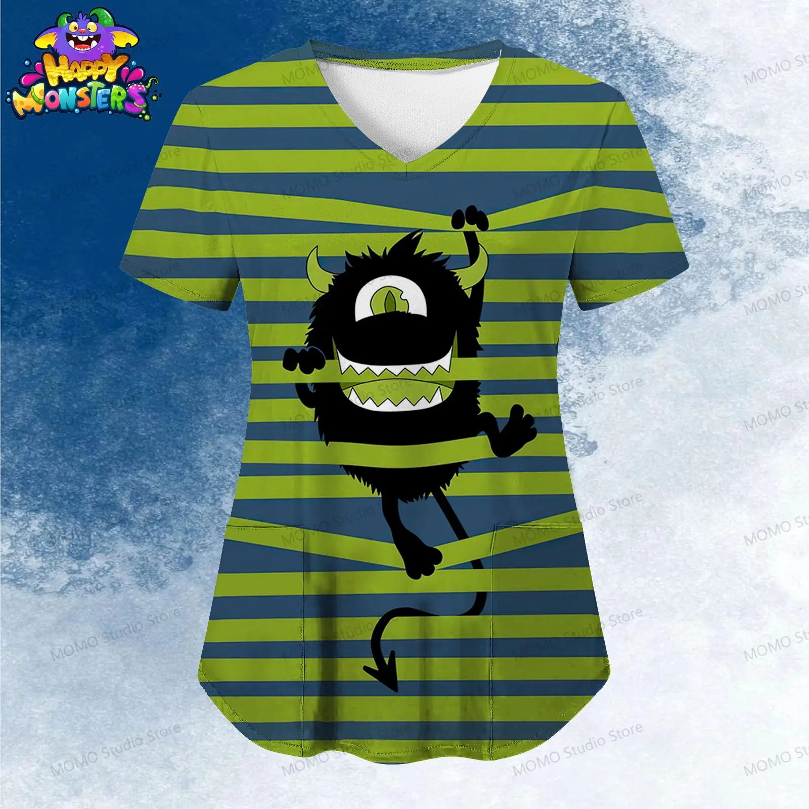 

Women's V Neck Nurse Uniform T-Shirt Pocket Disney Monsters Inc. 2024 Summer Kawaii Leisure Tops Youthful Woman Clothes Y2k 2024