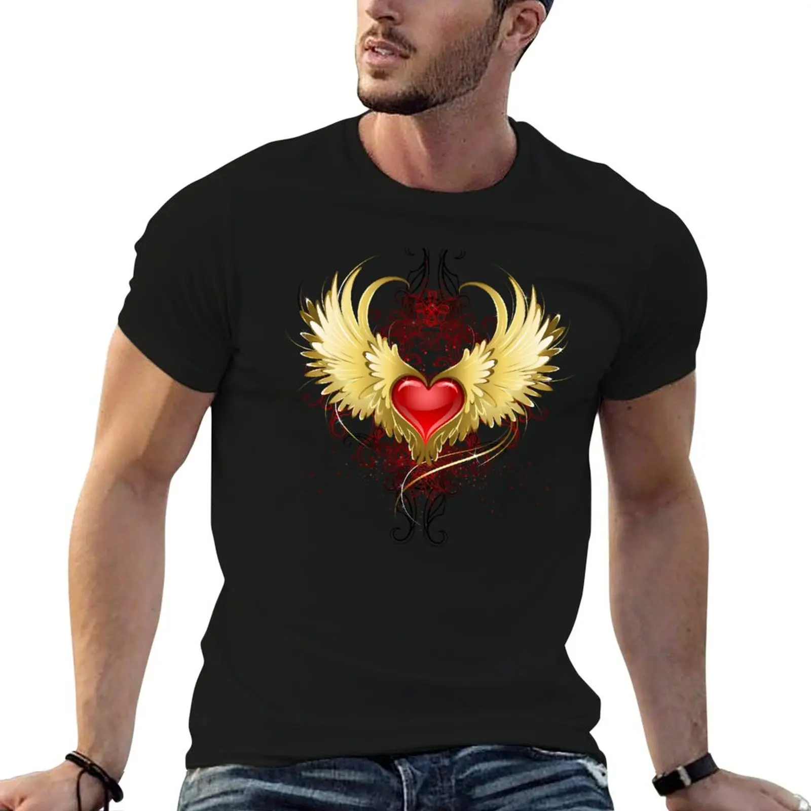 

man shirt Golden with t t Gold shirts Wings Heart T-Shirt Red graphic graphic Wings ) ( man