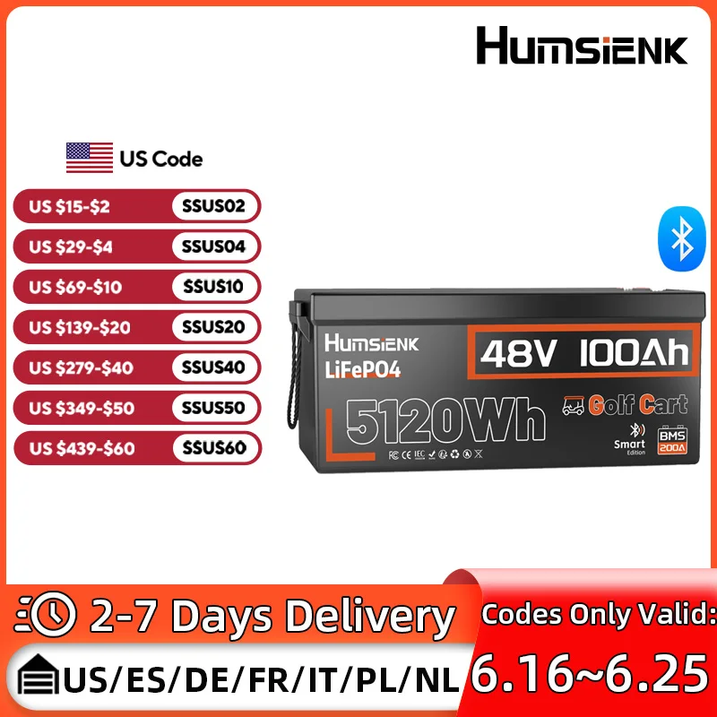 

Humsienk Bluetooth LiFePO4 Battery 48V 100Ah Specializing in Golf Cart 200A BMS 5120Wh Energy Real-time Monitor Battery Data