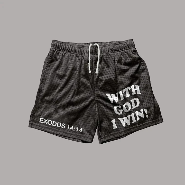 Summer Fashion Loose Retro with God I Win Print Casual Street Shorts Breathable Quick Dry Training Gym Fitness Sport Shorts Moto