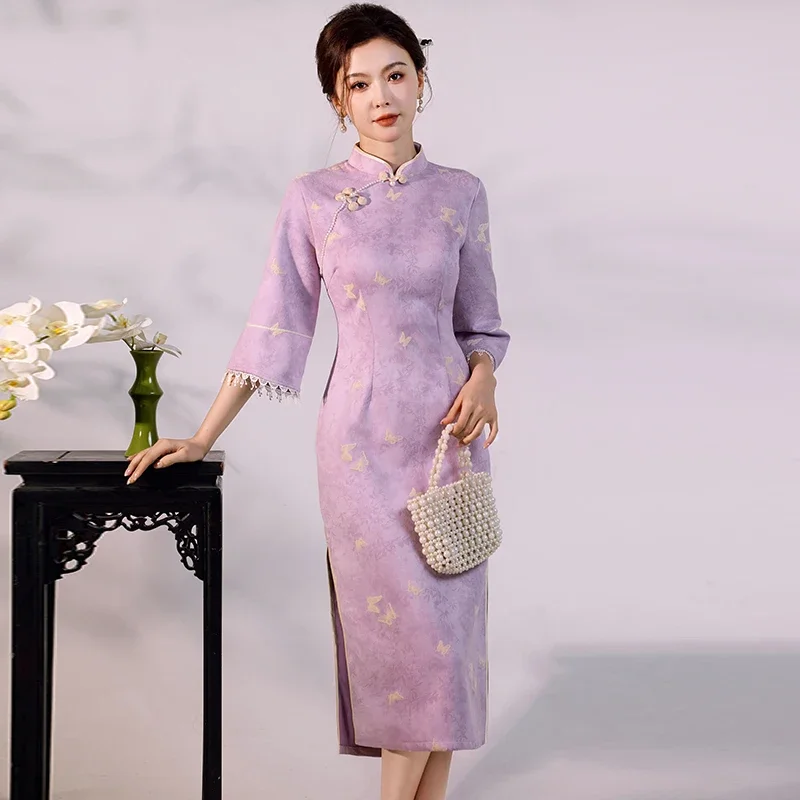 

Роскошное платье, вечернее банкетное платье, женское фиолетовое замшевое платье Cheongsam 2025, винтажное современное восточное Ципао