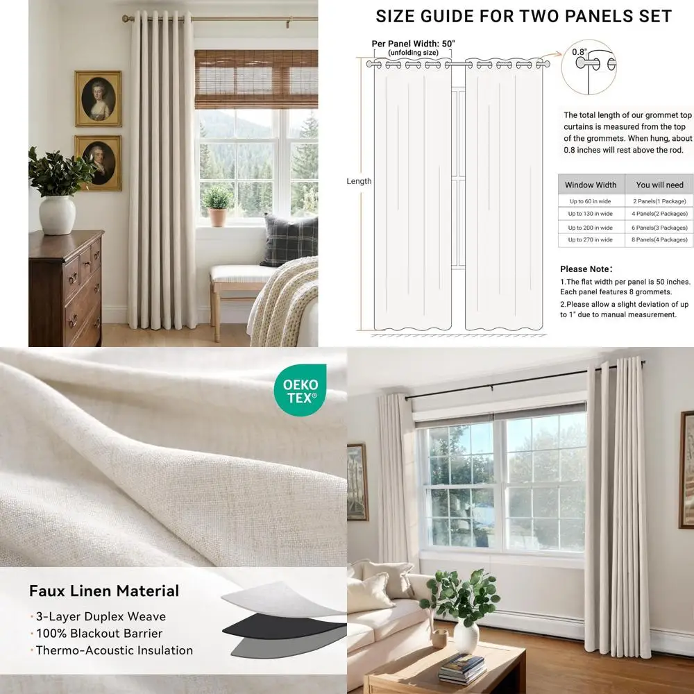 침실용 블랙아웃 린넨 커튼, 거실용 베이지색 그로멧 패널, 유아실용 단열 암막 커튼, 가을 장식