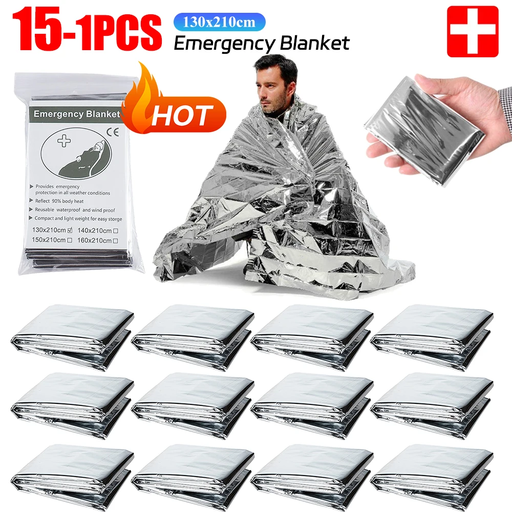 15-1Pcs Emergency Thermal Poncho Blanket PET Foil Outdoor Survival First Aid Kit Rescue Blanket Folding Windproof Camping Cover