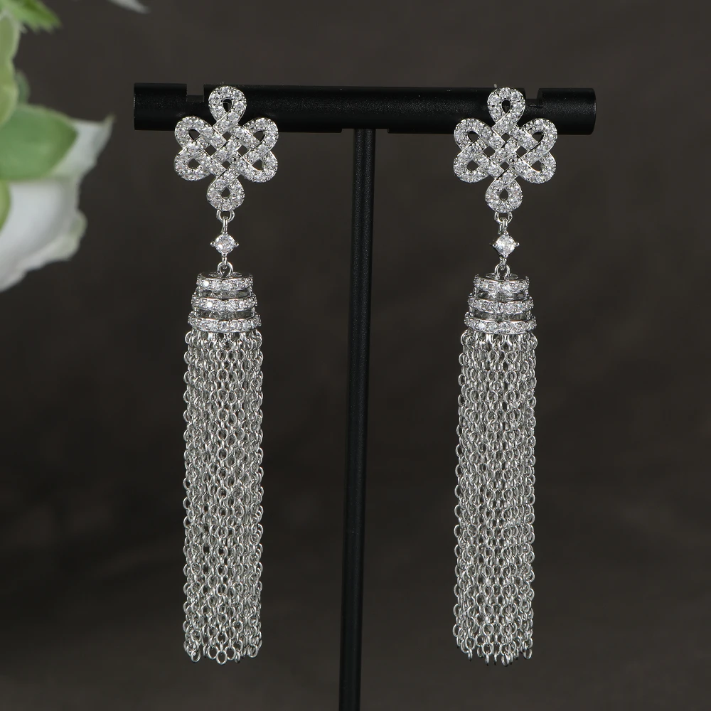 

Luxury Trendy Sparkling Hollow Chinese Knot Chain Tassels Cubic Zirconia Earrings For Women Wedding Female Jewelry Gift E1258