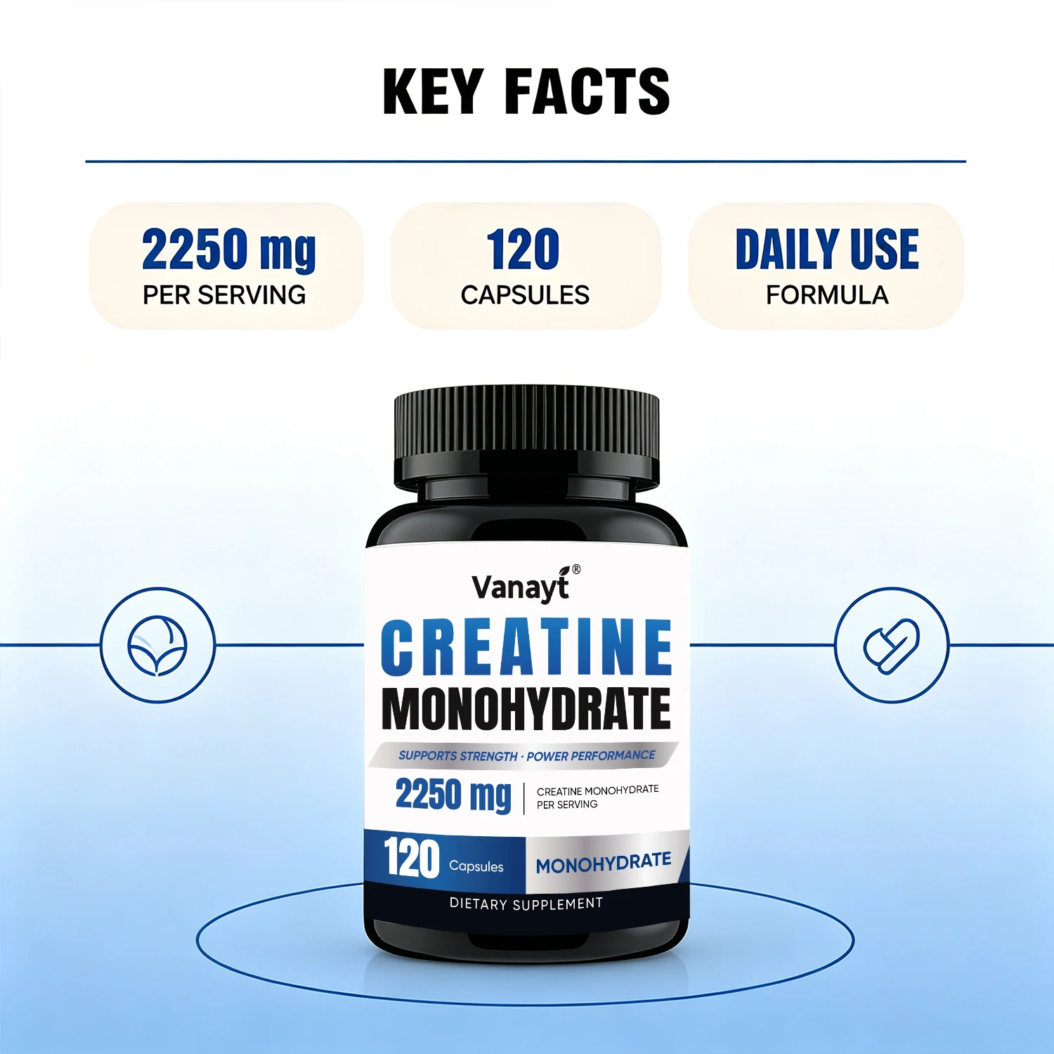 Vanayt Creatine Monohydrate Capsules 120 Count 2250mg Per Serving Pure Single Ingredient Daily Dietary Supplement for Active Adults
