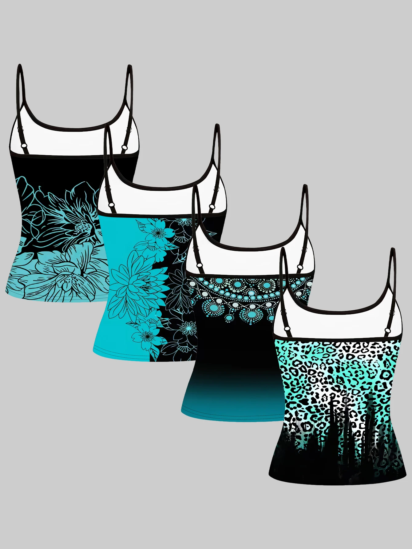 4-Pack Women's Printed Camisole Tops in Turquoise Floral Leopard Print with Jewelry Pattern, Slim Fit Inner Wear Tops