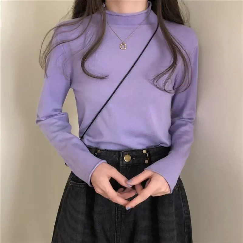 2025 nouveau intérieur à la mode demi-col haut tricoté bas chemise pour femmes automne hiver polyvalent petit haut à manches longues Ins