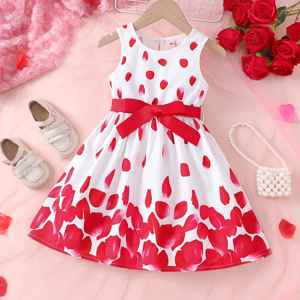 

2024 Summer New Arrival Girls Sleeveless O Neck Print Petal Red Cute Party Princess Dress Custume 18M-7T