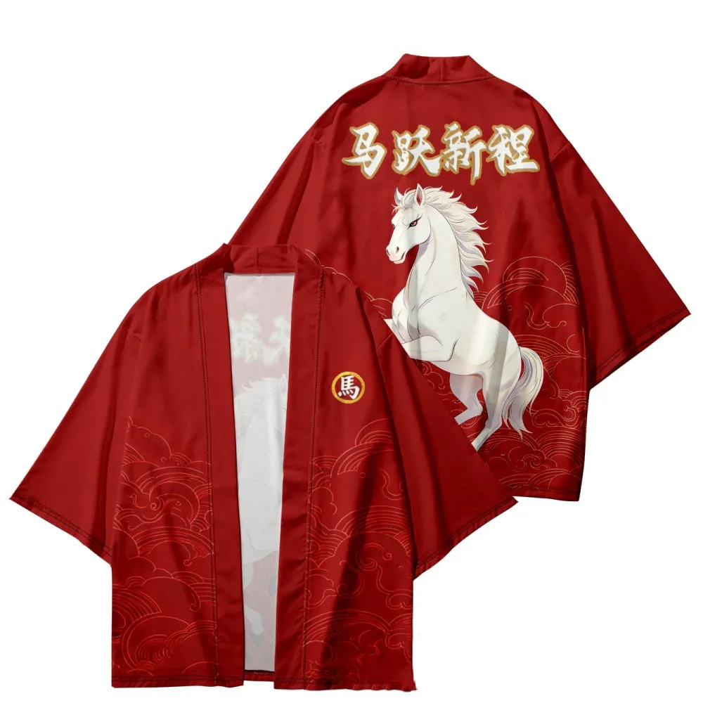 

Japanese Traditional Clothing Red Japanese Kimono Men And Women White Horse Printed Tops Loose Fashion Kimono Casual Tops