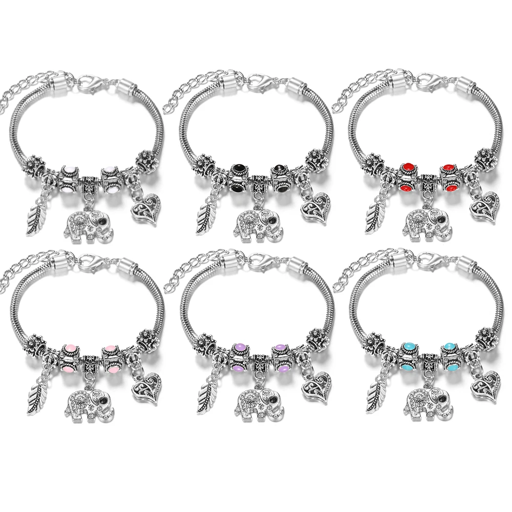 Neue Elefant Strass 6 Farbe Perlen Armreif Hummer Schnalle verstellbare Schlangen kette Feder Herz Armband Anhänger Frau Schmuck