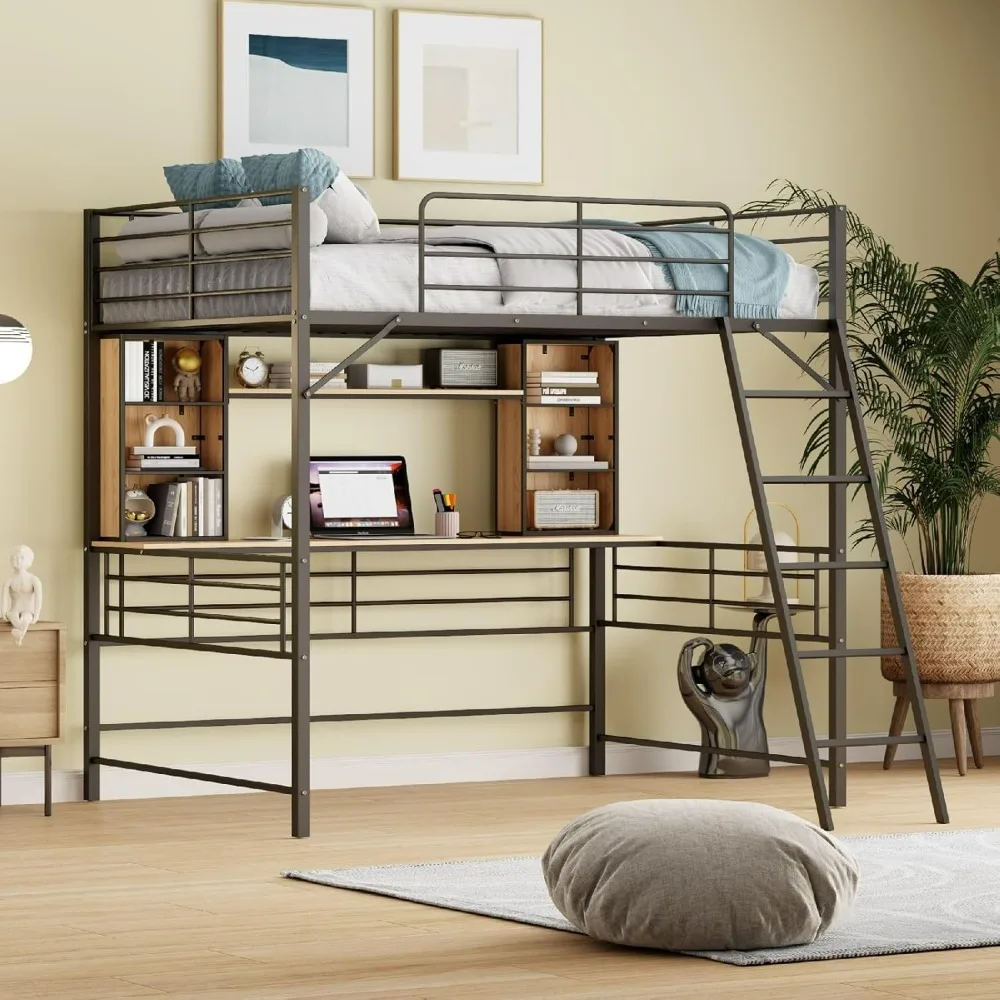 

Full Queen Size Bed, Bed Frame Black Loft Bed Metal with Desk and Shelf, Ladder Max 250Lbs 75.5" L x 56.3" W x 73.1" H, Beds