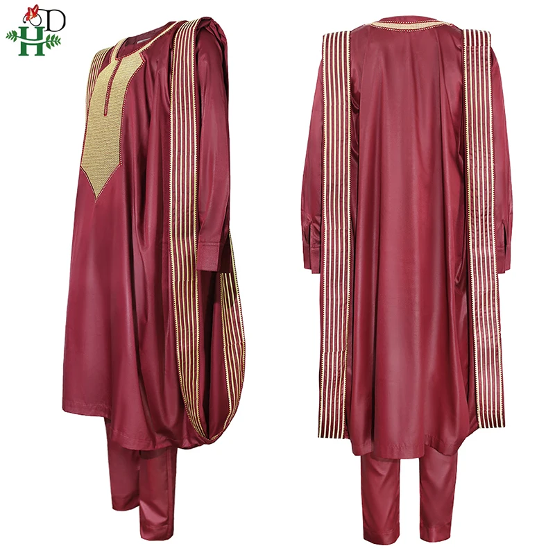 H & D-traje africano de Agbada para hombre, batas bordadas, cubierta Dashiki, camisa, pantalones, conjunto de 3 uds, Boubou Africain Homme, conjuntos musulmanes