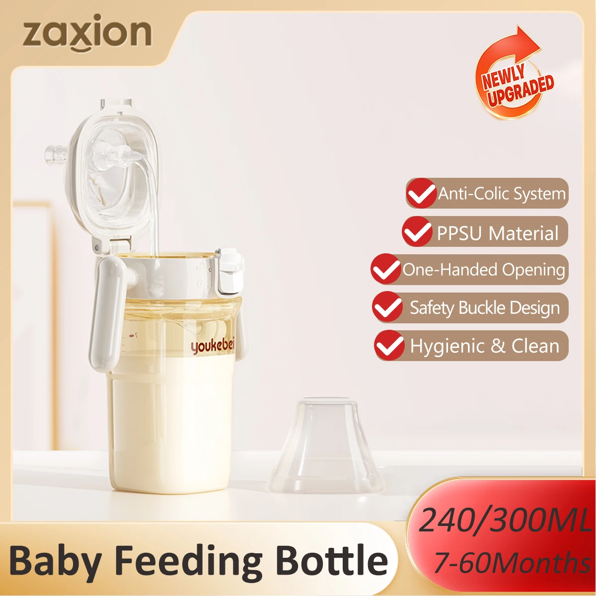 PPSU Baby Bottle with Automatic Flip Lid, One-Piece Design, Straw Cup for 1-3 Years Old, Leakproof, Ideal for Lying Down Drinkin