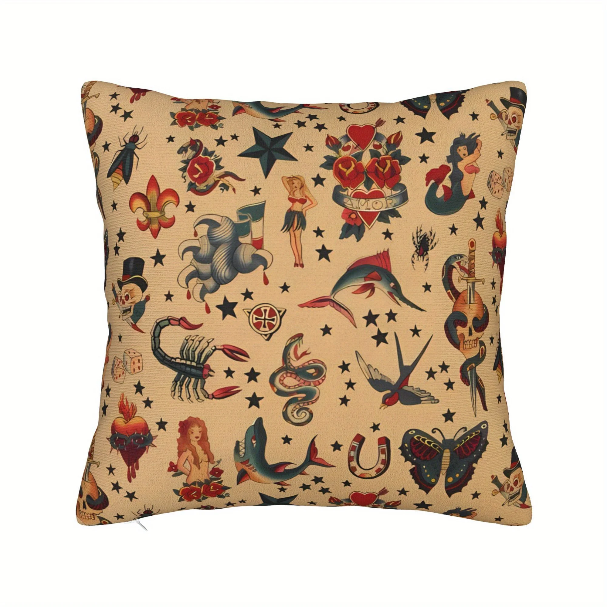 Dekorativer Kissenbezug mit Tattoo-Kunstdruck – Kissenhülle für Sofa und Heimdekoration