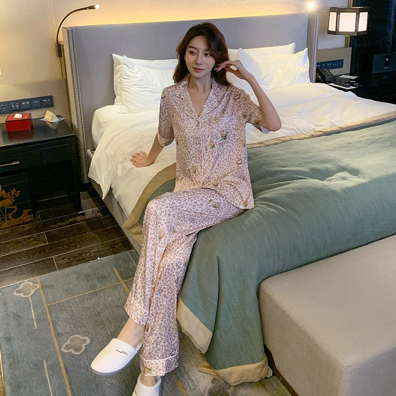 pantalon-long-en-soie-glacee-d'ete-kitty-vetements-de-nuit-a-manches-courtes-imprime-leopard-vetements-de-maison-decontractes-pour-femmes-et-jeunes-style-mignon-et-dessin-anime