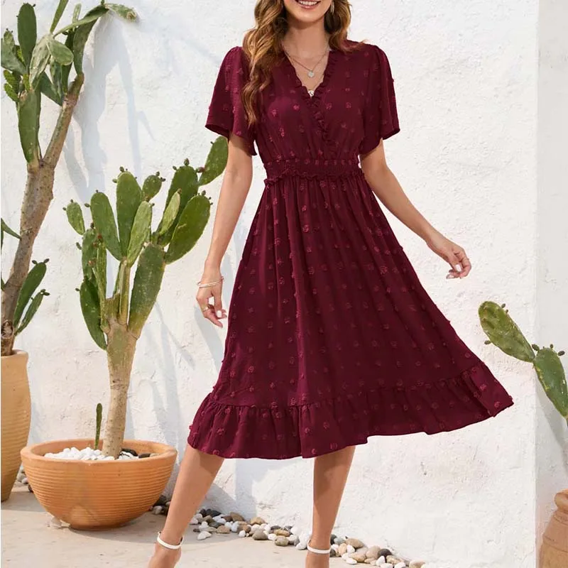 Casual solto feminino verão manga curta vestido longo elegante plissado praia vestido de verão sexy dot em camadas sólido decote em v maxi vestidos