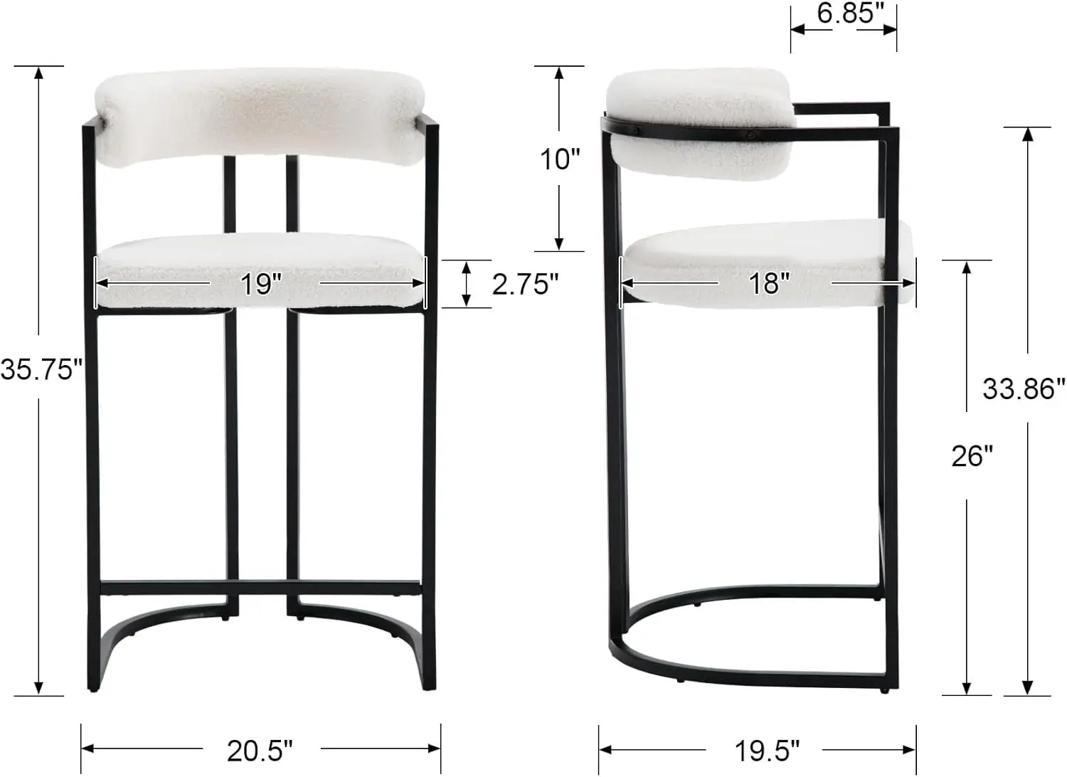 ZSARTS White Boucle Counter Height Bar Stools Set of 2, Modern 26 Inch Barrel Barstools with Back Upholstered Kitchen Island