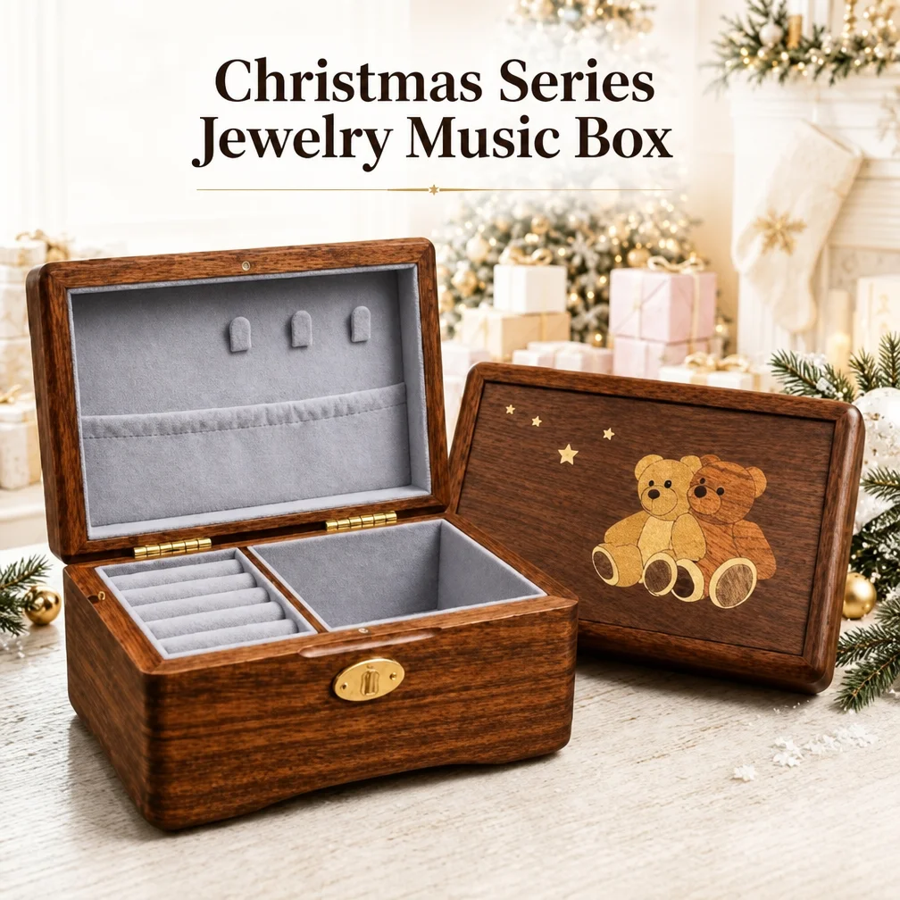 Christmas Bear Pattern Wooden Music Box Jewelry Box Xmas Birthday Keepsake Gift for Girlfriend