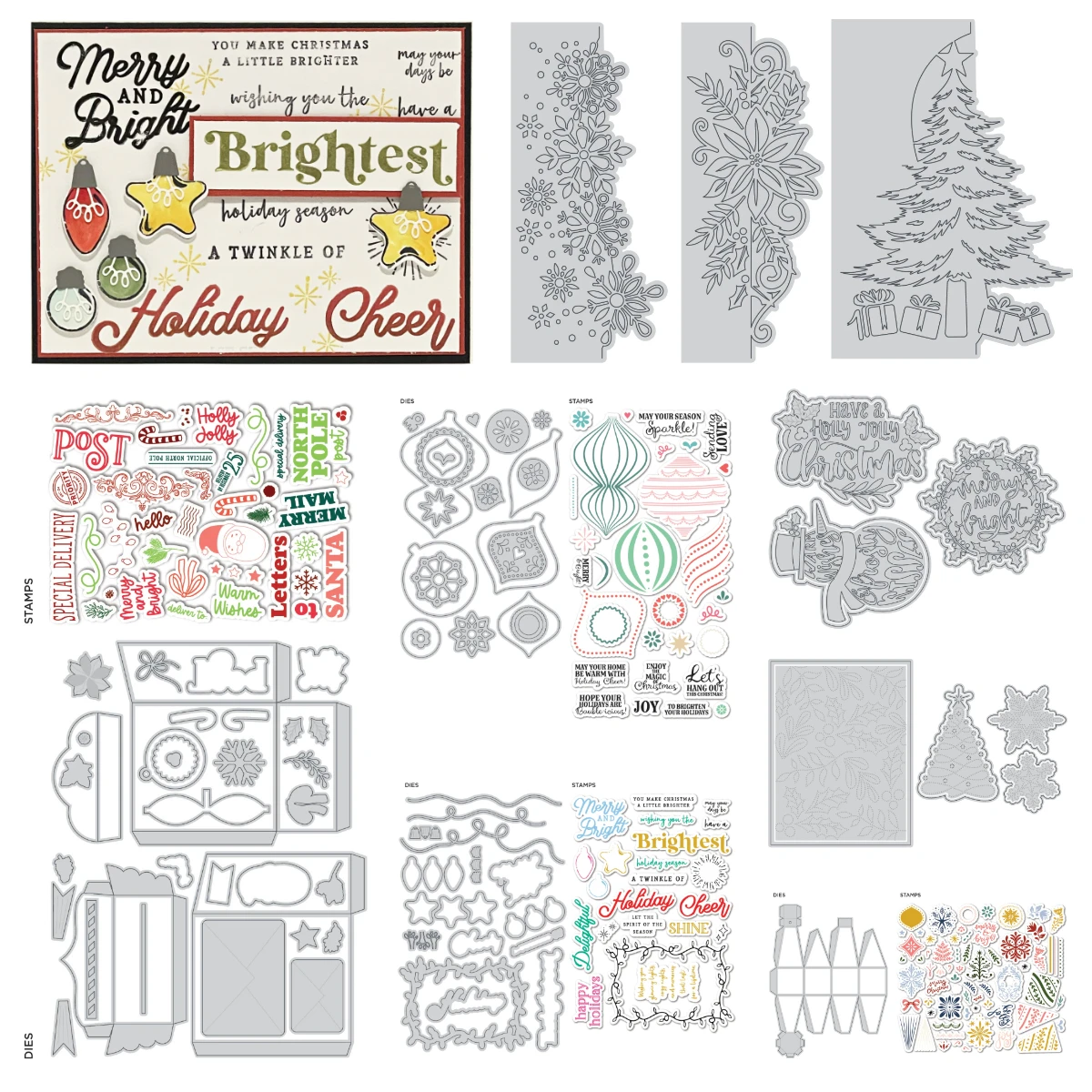 

Merry & Bright Stamp and Die Kit Christmas Words with 3D Ornament Mailbox Edge Die DIY Scrapbooking Greeting Card Carft Handmade