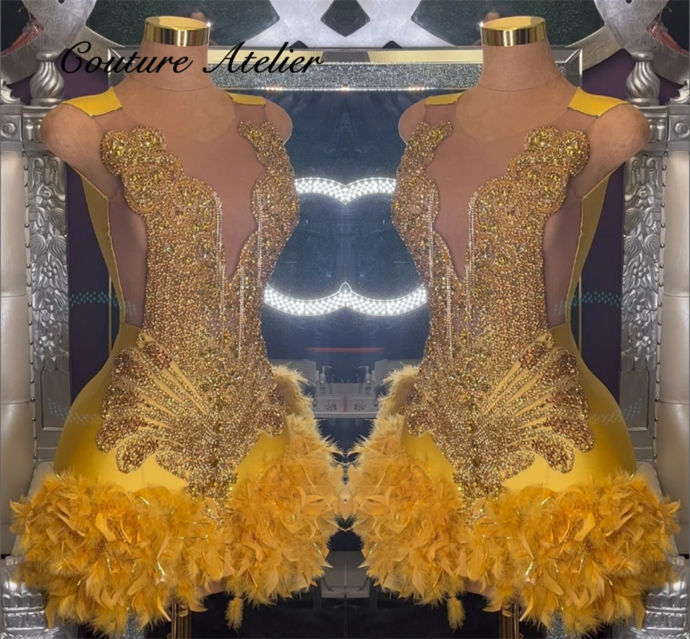 Gold Crystal Beading Prom Dress Tassels Feathers Shiny 2025 Birthday Luxury Dress Mermaid Homecoming Gowns Black Girl Customized