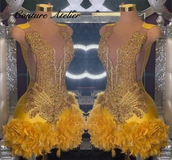 Gold Crystal Beading Prom Dress Tassels Feathers Shiny 2025 Birthday Luxury Dress Mermaid Homecoming Gowns Black Girl Customized