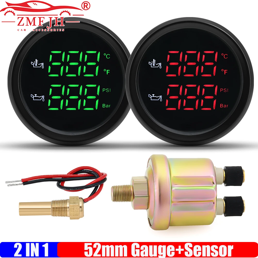

ZMFJH Car 50-150℃,122-302℉ Oil Temperature Gauge+0-10Bar,0-145PSI Oil Pressure Meter+Sensor Digital Dual 52mm Gauge with Alarm