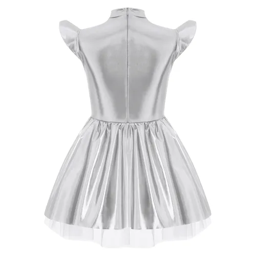 Imagen 2 del producto Disfraz de alienígena para niñas, vestido de princesa iridiscente brillante con cuello simulado, manga voladora, vestido tutú con volantes para eventos festivos