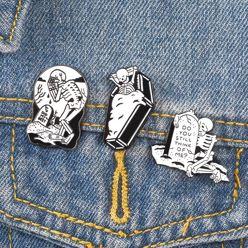 Lonely death enamel pin Skeleton coffin grave brooch Punk dark humor Badge Gift for friends Lapel pin jewelry for Jeans cap bag view 6